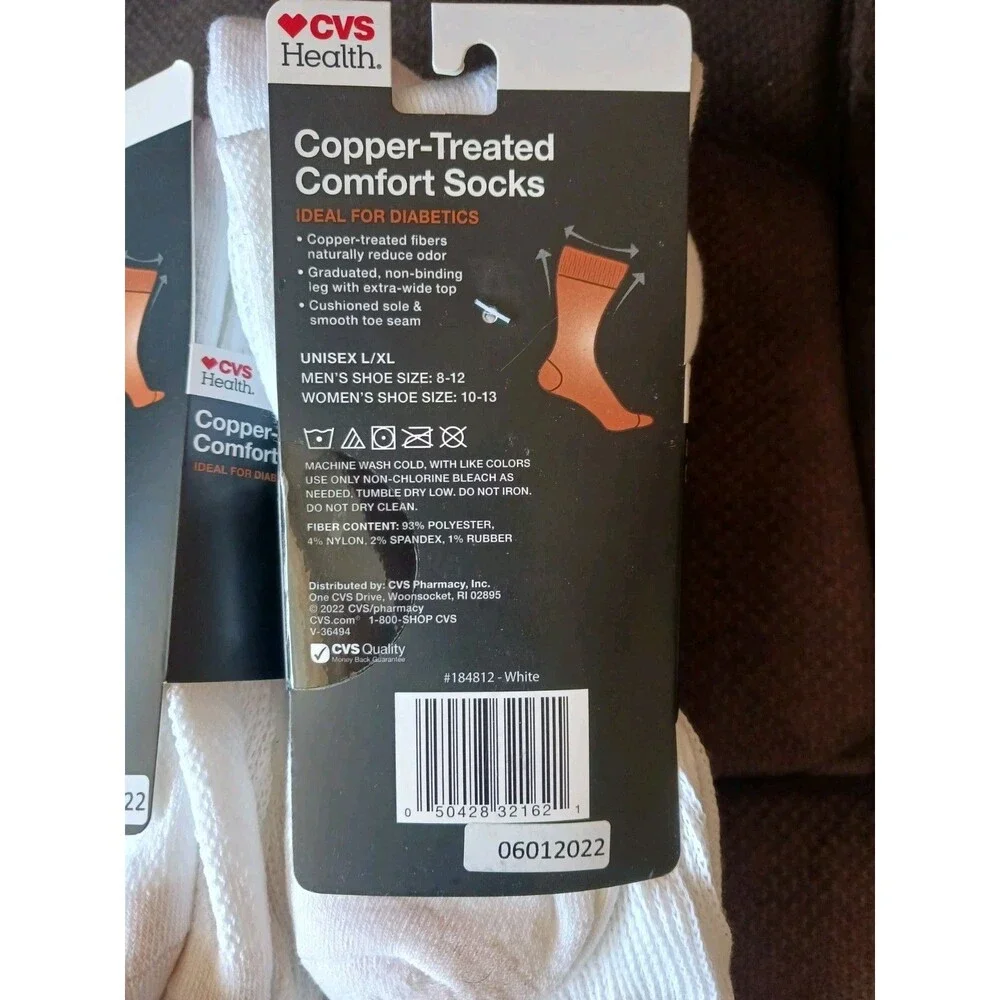 Copper-Treated Comfort Socks CVS L/XL Crew Unisex White 6 Pairs Odor Control